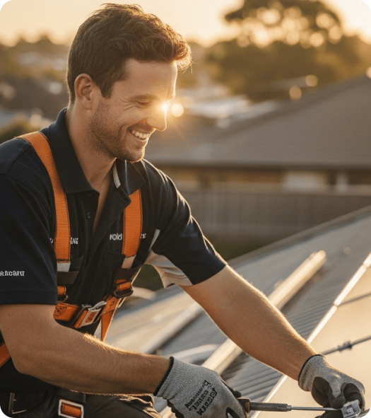 A smiling worker wearing safety gear and gloves installs solar panels on a rooftop at sunset, with houses and trees in the background.