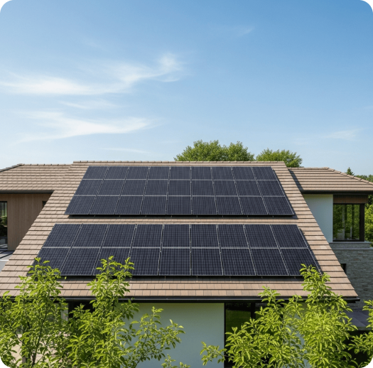 Solar panels installed on the sloped roof of a modern house, surrounded by green trees, under a blue sky with a few clouds.