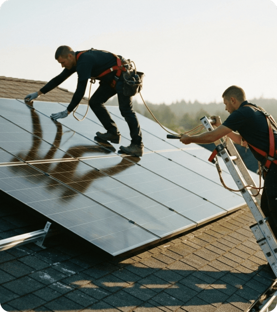 Two workers in safety gear install solar panels on a house roof, one standing on the roof and the other on a ladder, with trees visible in the background.