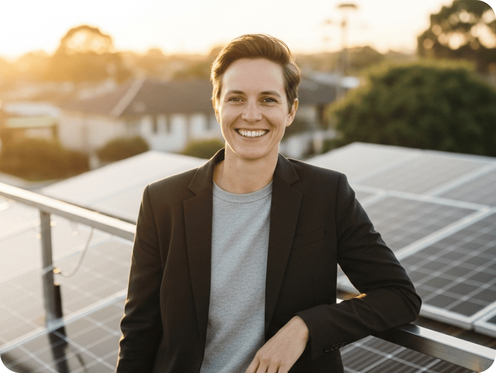 A person with short hair, wearing a black blazer and gray shirt, smiles while standing in front of solar panels outdoors at sunset. Houses and trees are visible in the background.