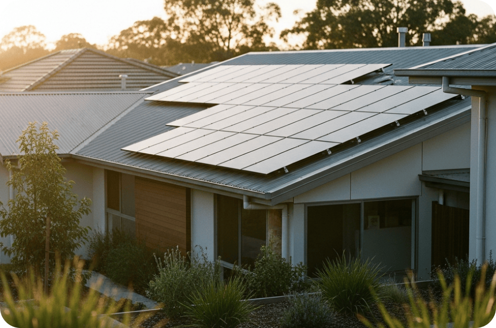 A modern house with multiple solar panels installed on its roof, surrounded by greenery and trees, bathed in warm sunlight.