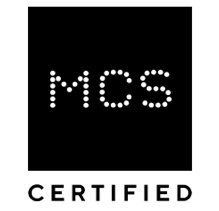 A black square with the letters MCS in white dot matrix style. Below the square, the word CERTIFIED appears in black capital letters on a white background.